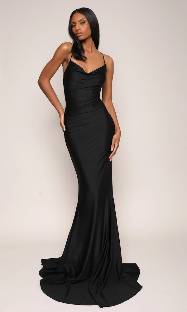 draped black evening dress Nalira | Black Satin Bandeau Maxi Dress With Draped Skirt Club L London