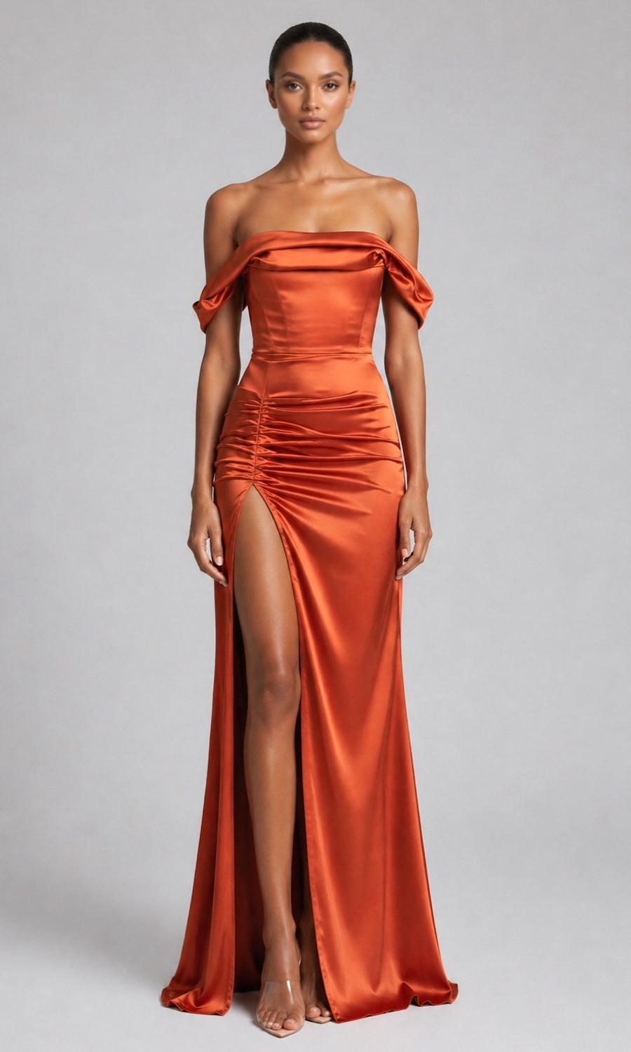 terracotta off the shoulder dress Off-the-Shoulder Chiffon A-Line Long Bridesmaid Dress in Terracotta, Terracotta / 14