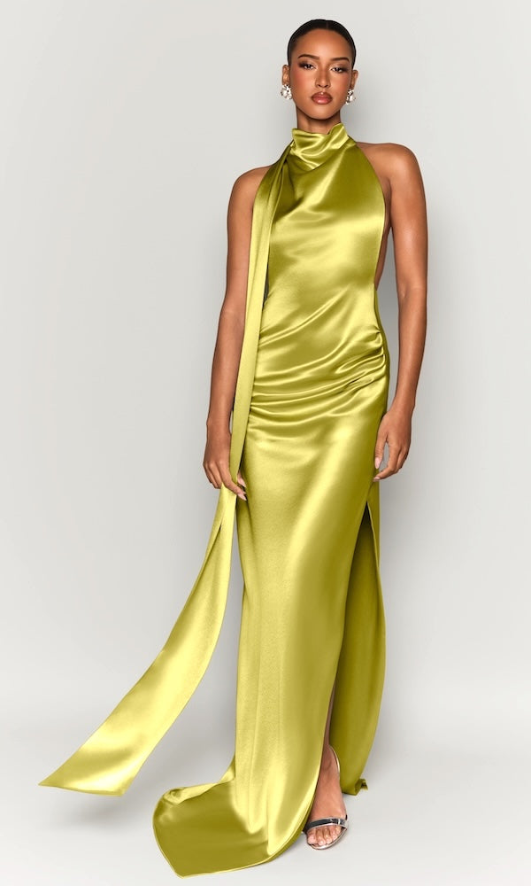 Muse Cowl Neck Open Back Gown- Chartreuse Moda Glam Boutique Muse Cowl Neck Open Back Gown- Chartreuse Moda Glam Boutique