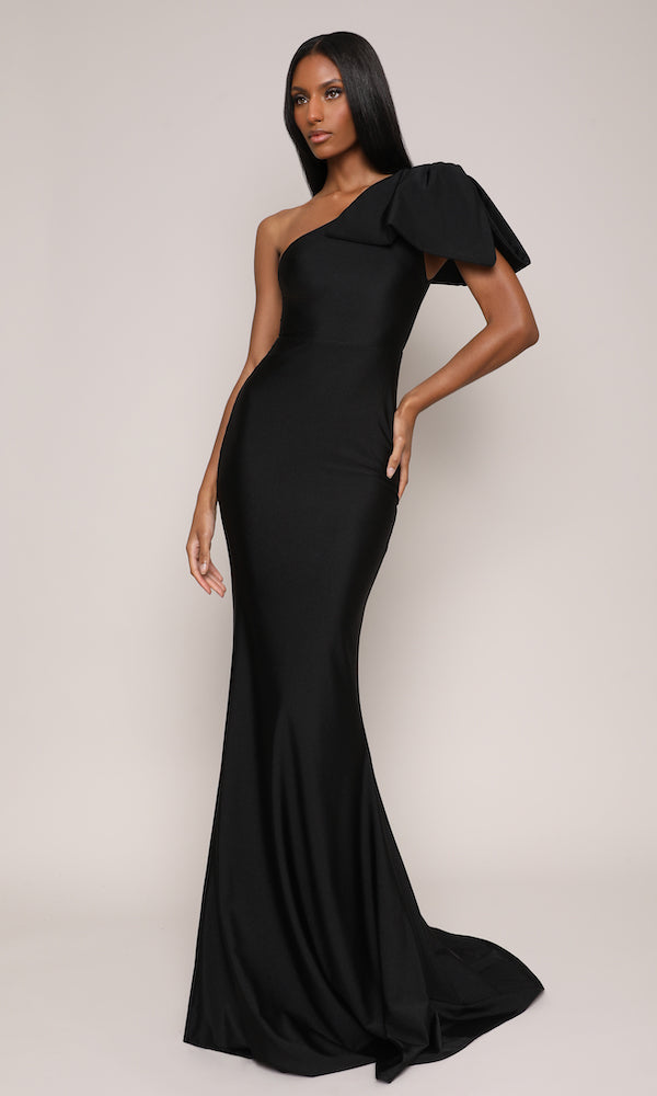 Jersey One-Shoulder Bow Gown- Black S Jersey One-Shoulder Bow Gown- Black S
