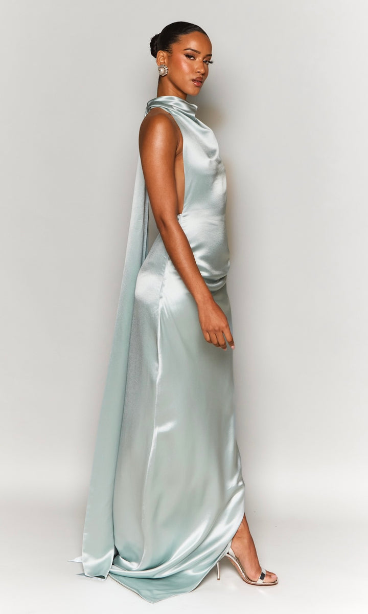 Muse Cowl Neck Satin Backless Gown- Ice Blue