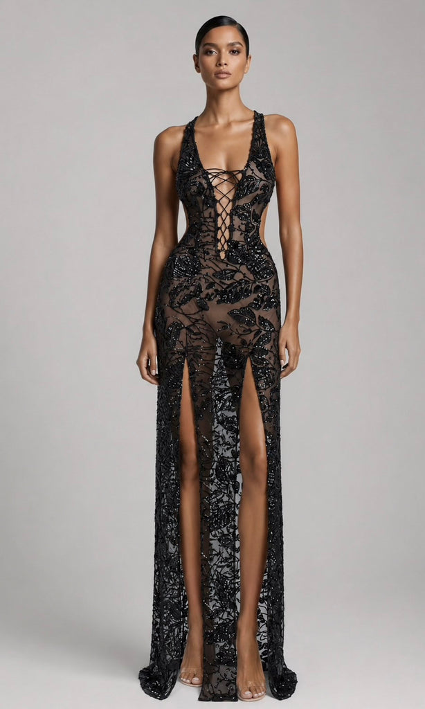 Vixen Lace-Up Sheer Sequin Gown- Black Moda Glam Boutique Vixen Lace-Up Sheer Sequin Gown- Black Moda Glam Boutique