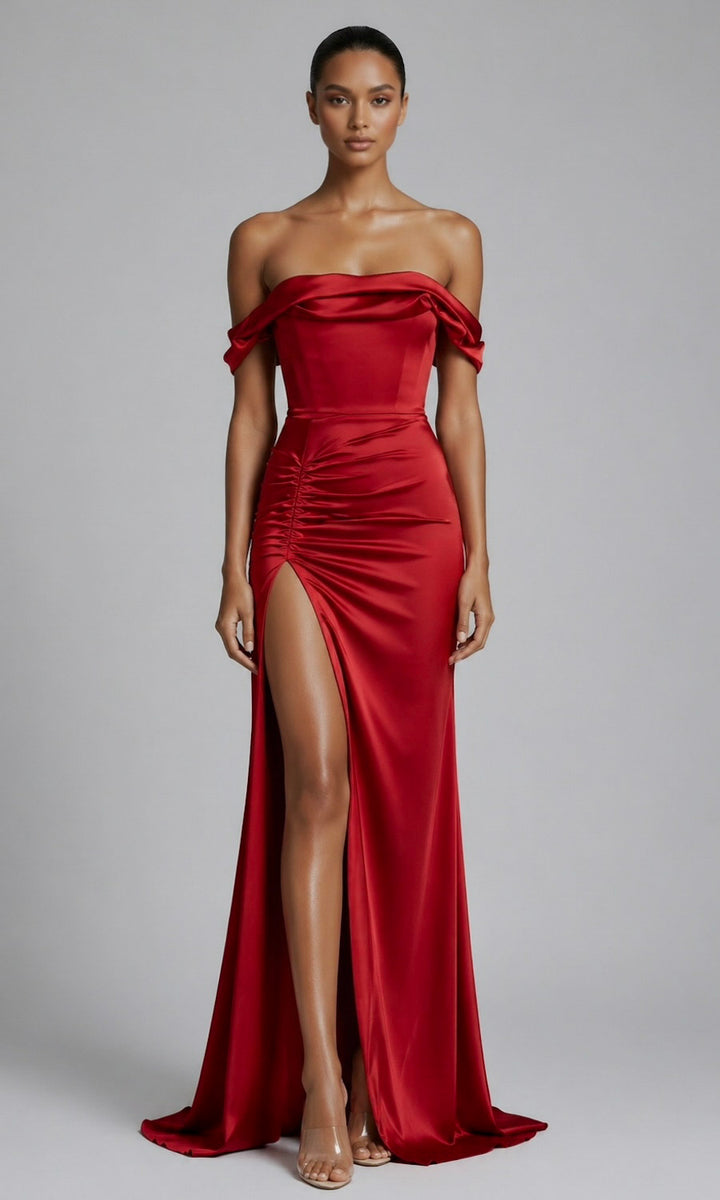 Natalia Off-the-Shoulder Gown- Deep Red