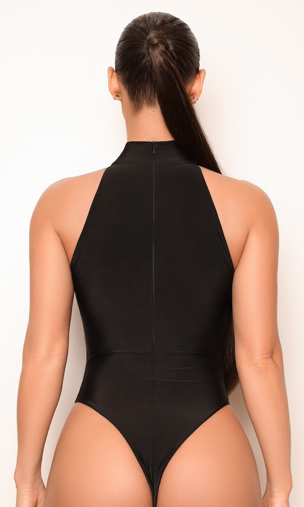Halter Neck Cut Out Bodysuit- Black