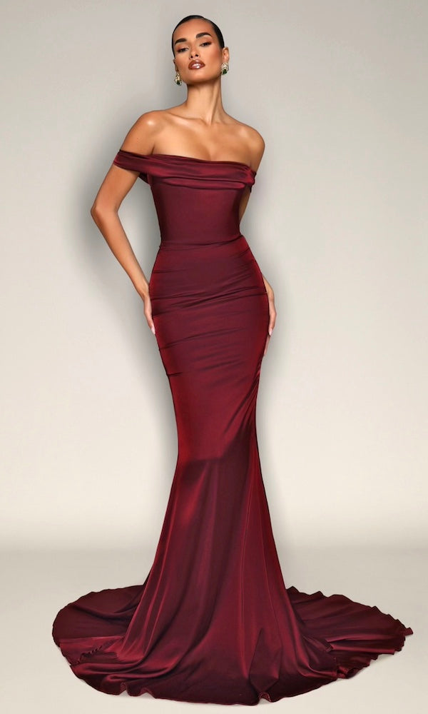 Delilah Off the Shoulder Corset Gown- Burgundy