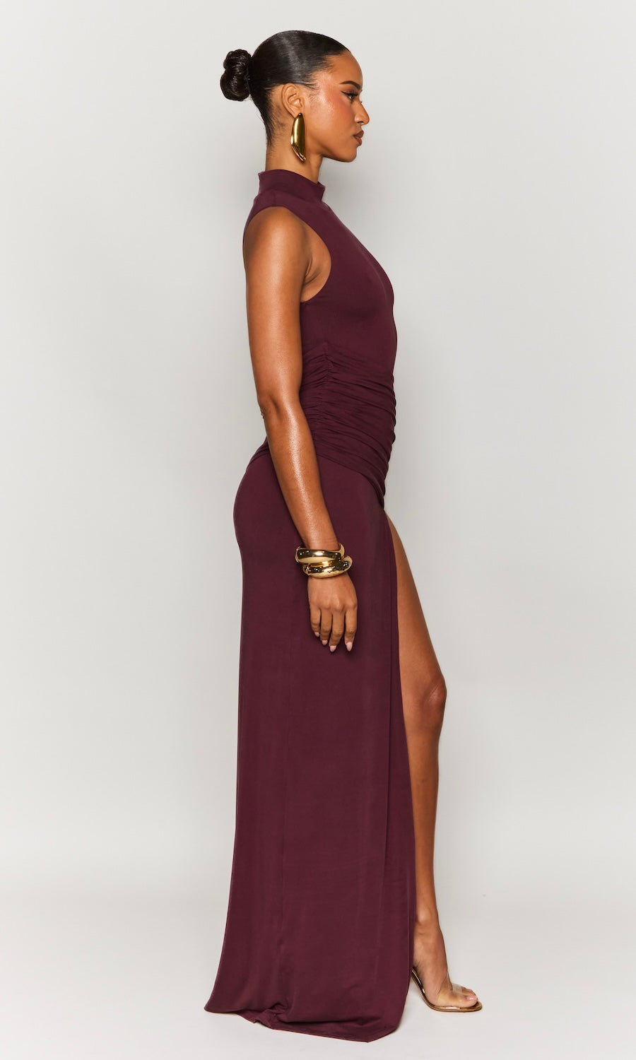 Aura High Neck Draped Gown- Dark Plum