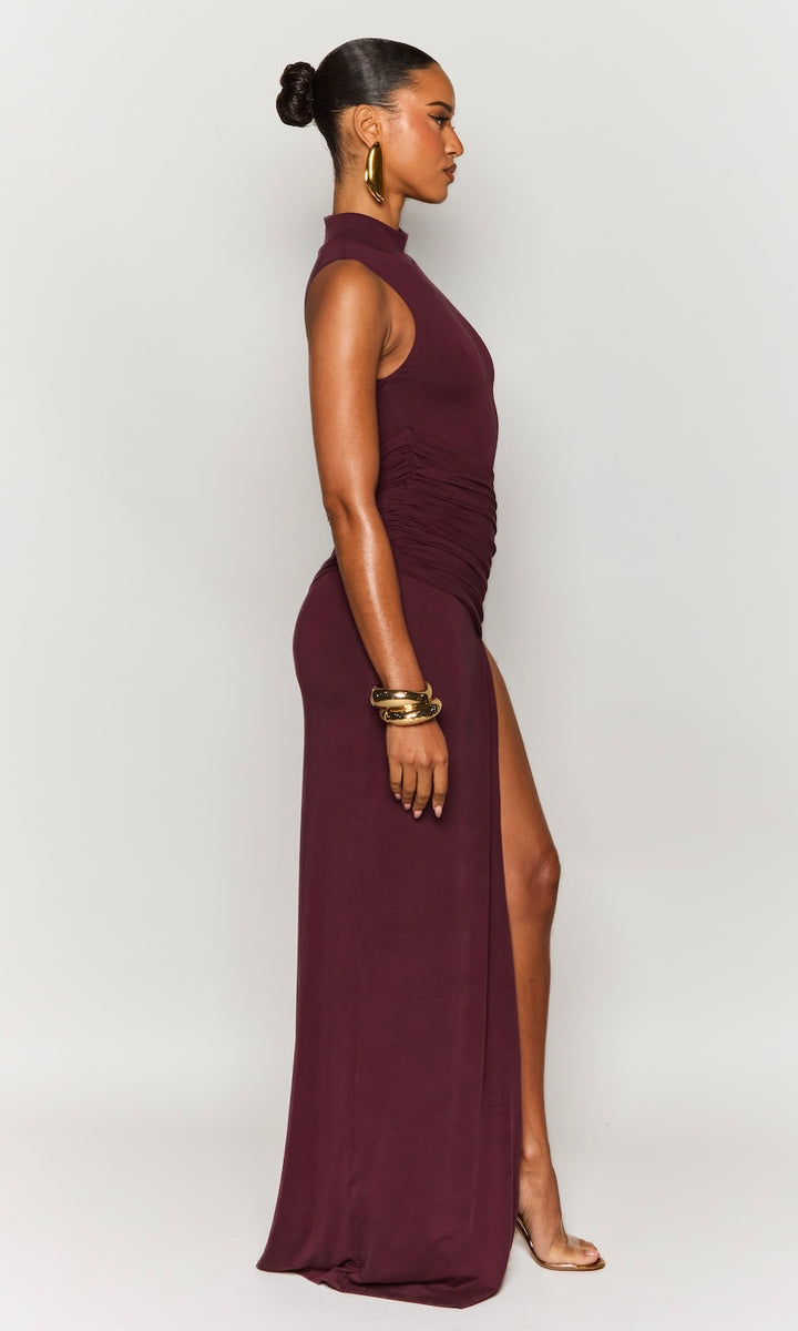 Aura High Neck Draped Gown- Dark Plum