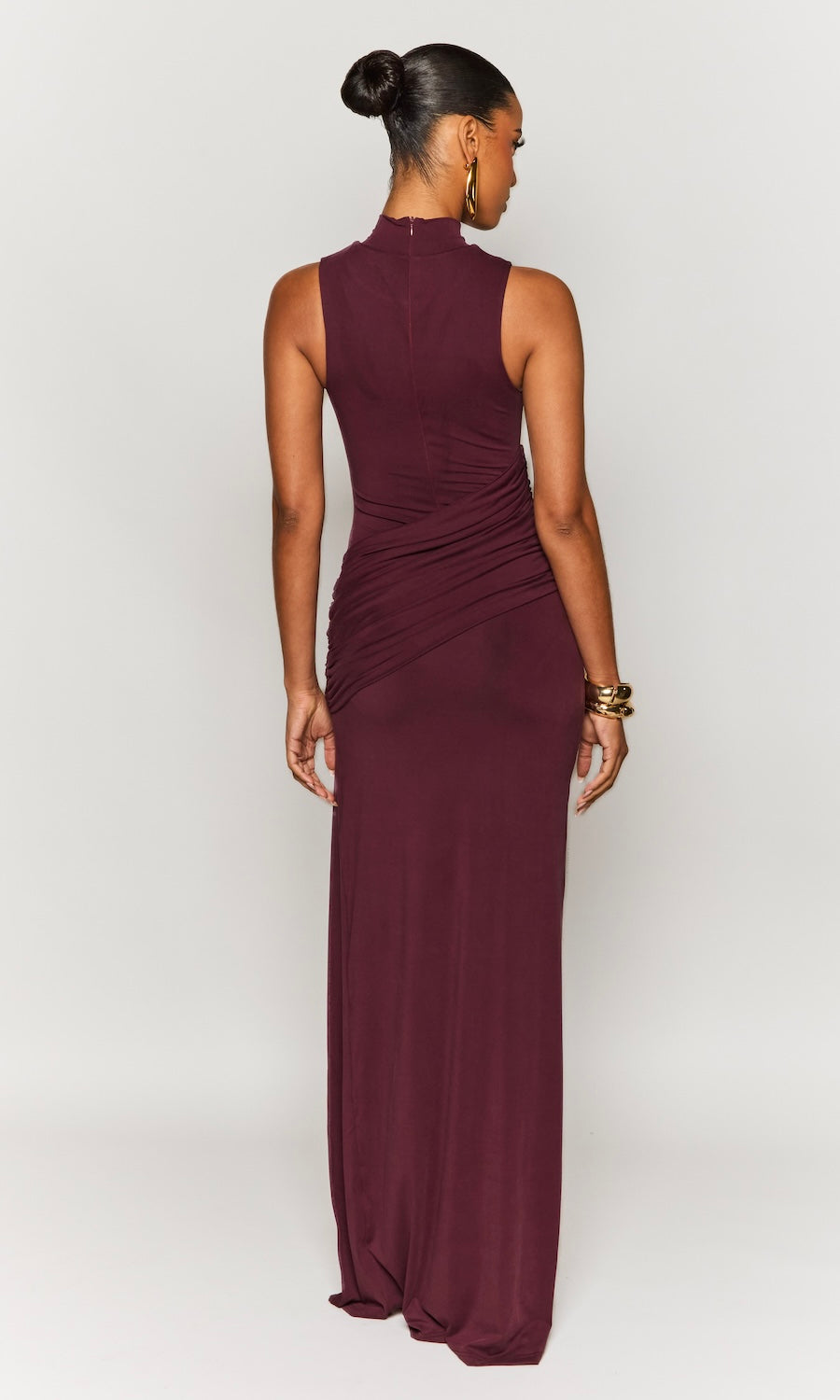 Aura High Neck Draped Gown- Dark Plum