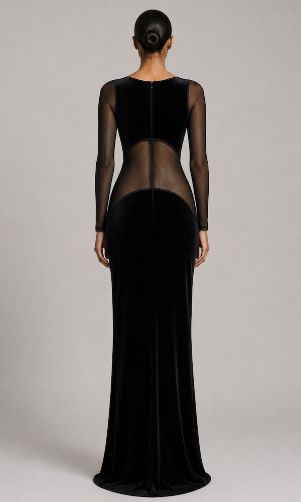 Enigma Velvet and Sheer Mesh Gown- Black 8