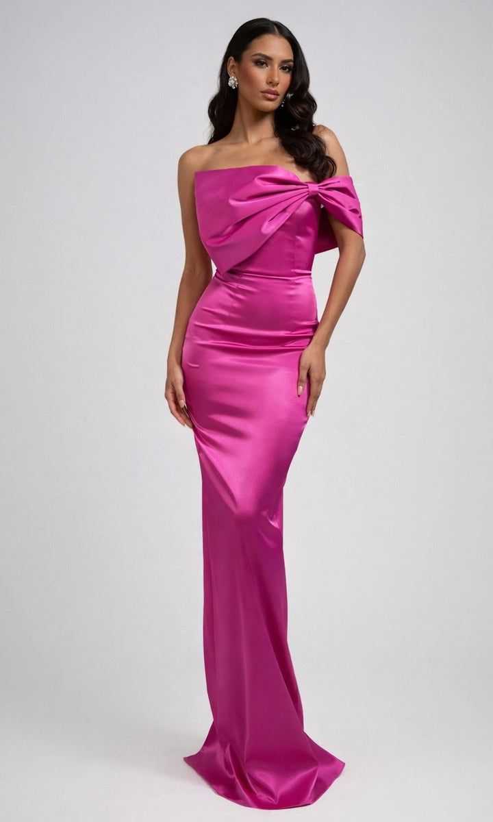 Grace Strapless Statement Bow Gown- Fuschia