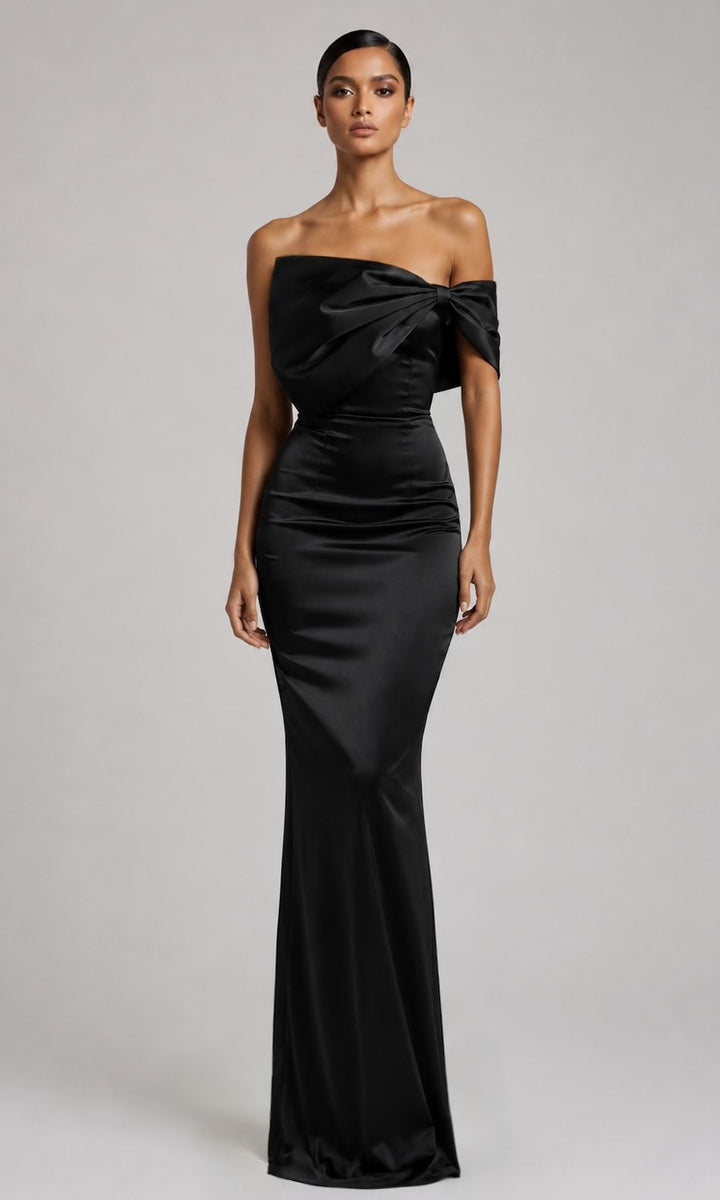 Grace Strapless Statement Bow Gown- Black