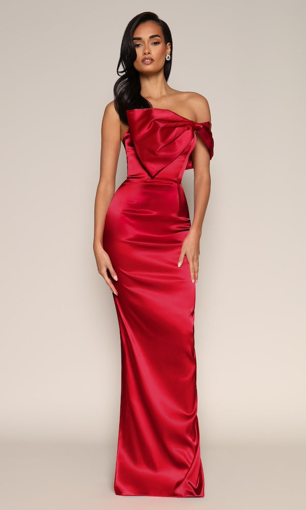 Grace Strapless Statement Bow Gown- Red