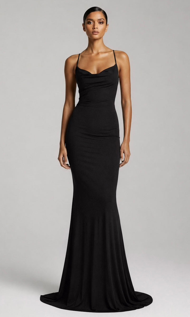 Jersey Draped Neck Gown- Black