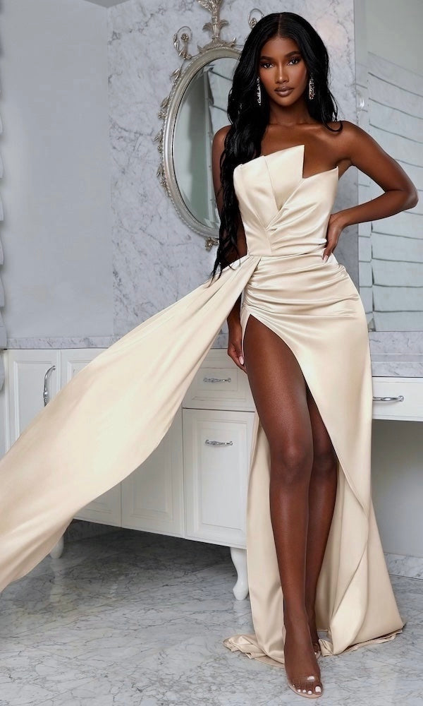 Monroe Strapless Gown w/ Side Sash- Champagne – Moda Glam Boutique