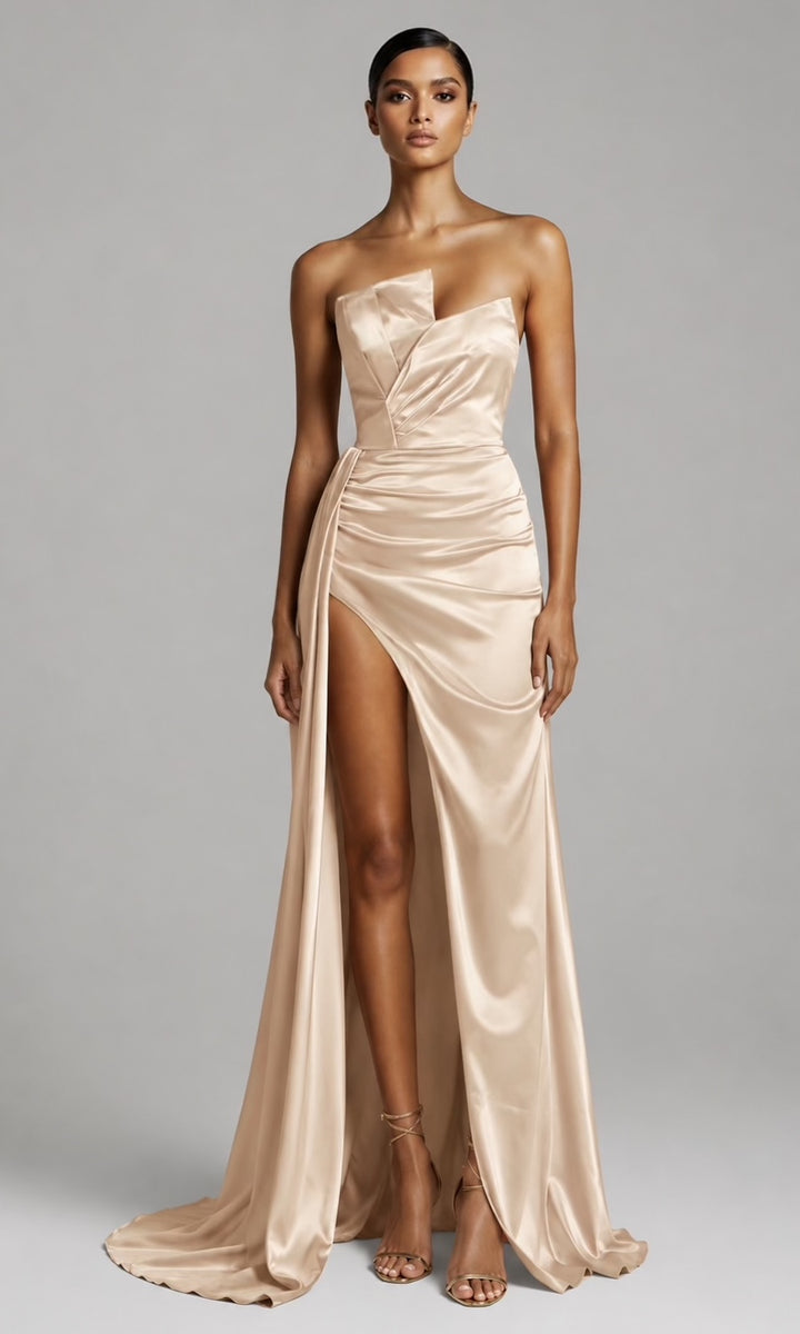 Monroe Strapless Gown w/ Side Sash- Gold