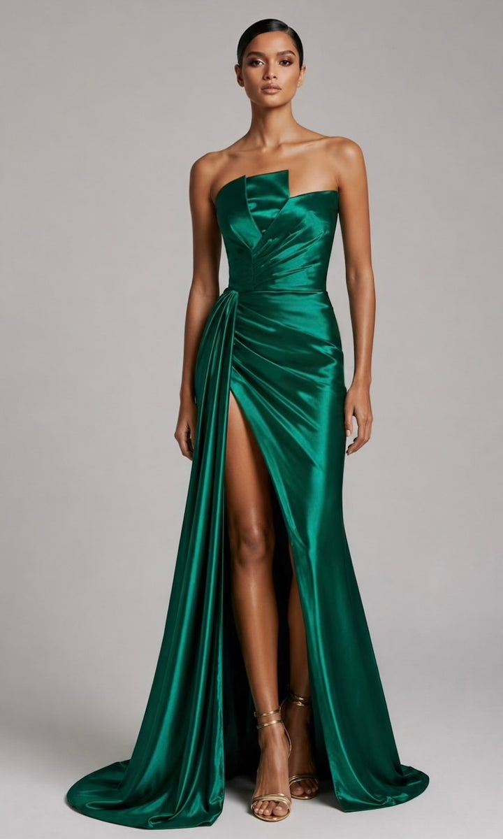 Morgan Strapless Gown w/ Sash- Emerald