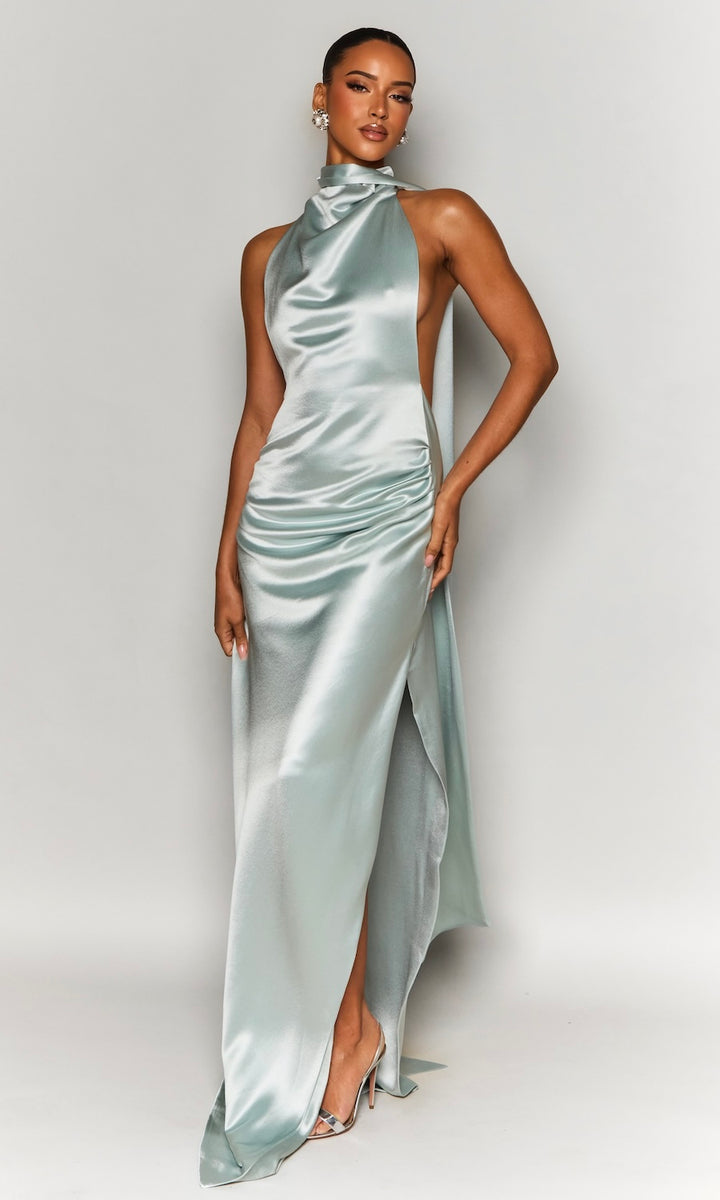 Muse Cowl Neck Satin Backless Gown- Ice Blue