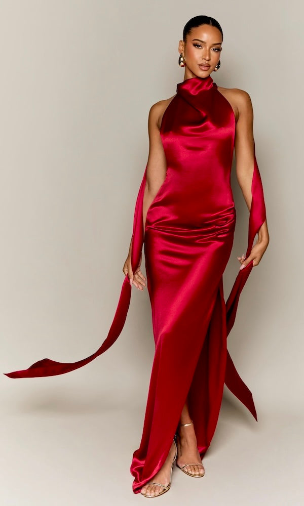 Muse Cowl Neck Open Back Gown- Red