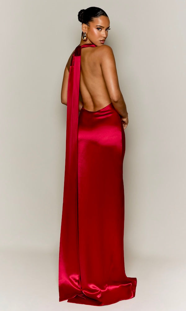 Muse Cowl Neck Open Back Gown- Red
