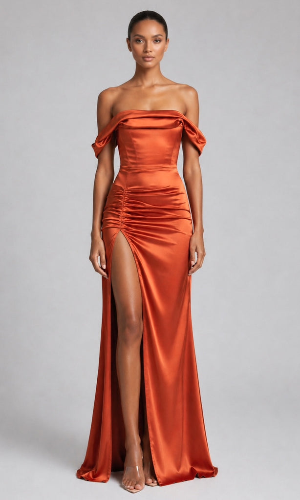 terracotta off the shoulder dress Natalia Off-the-Shoulder Gown- Terracotta 2