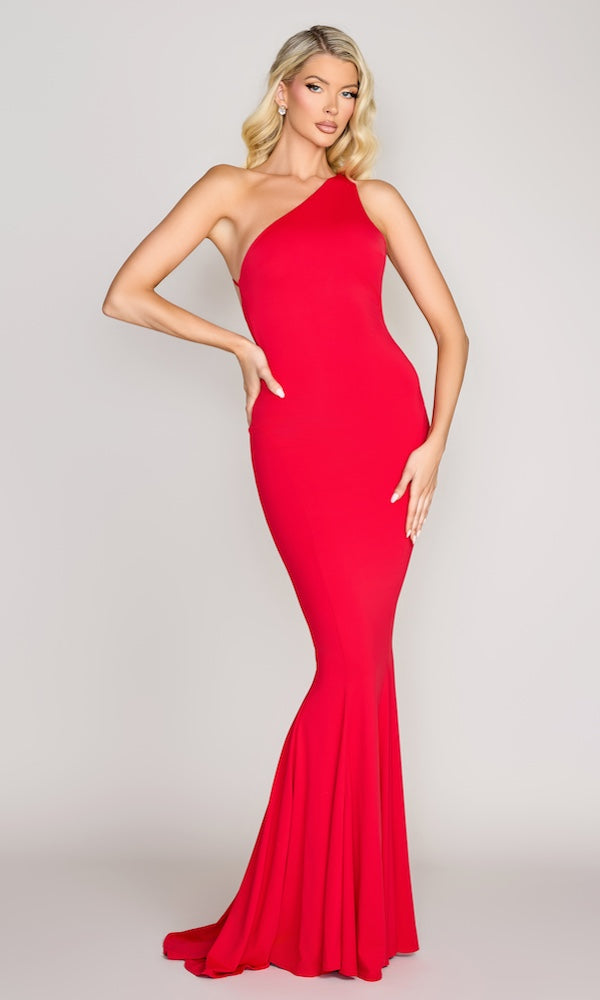 Slinky One-Shoulder Gown- Red