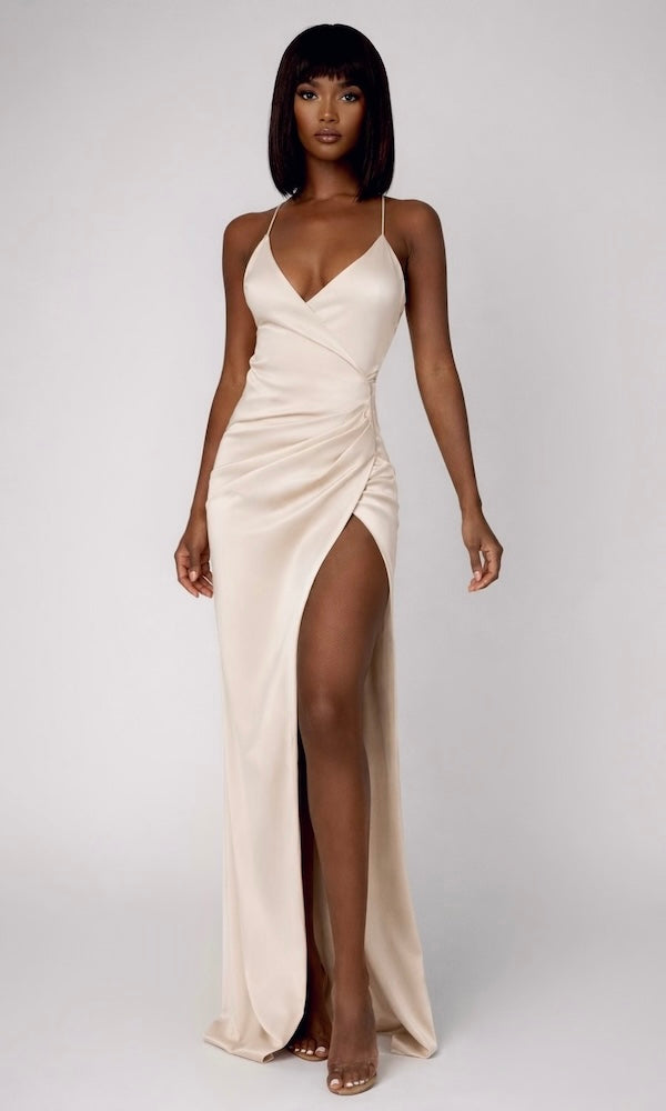 Jasmine V-Neck Satin Slip Evening Gown- Champagne