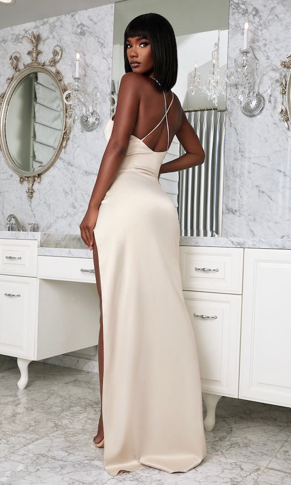 Jasmine V-Neck Satin Slip Evening Gown- Champagne