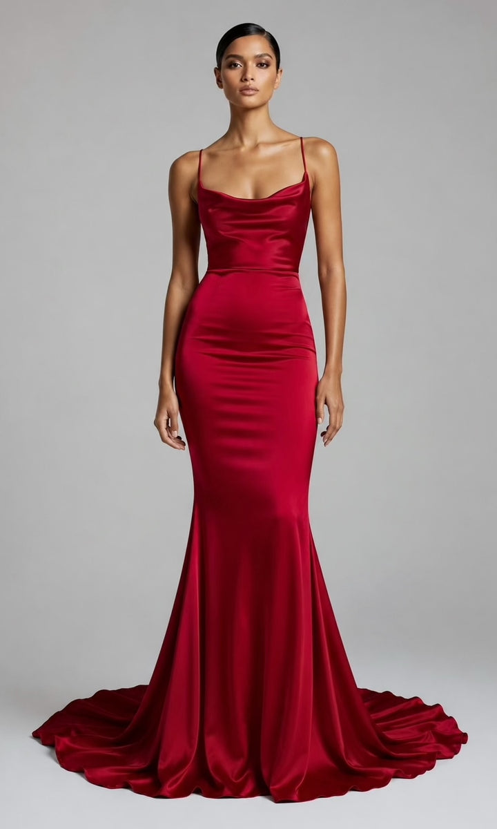 Serena Draped Neck Gown- Deep Red