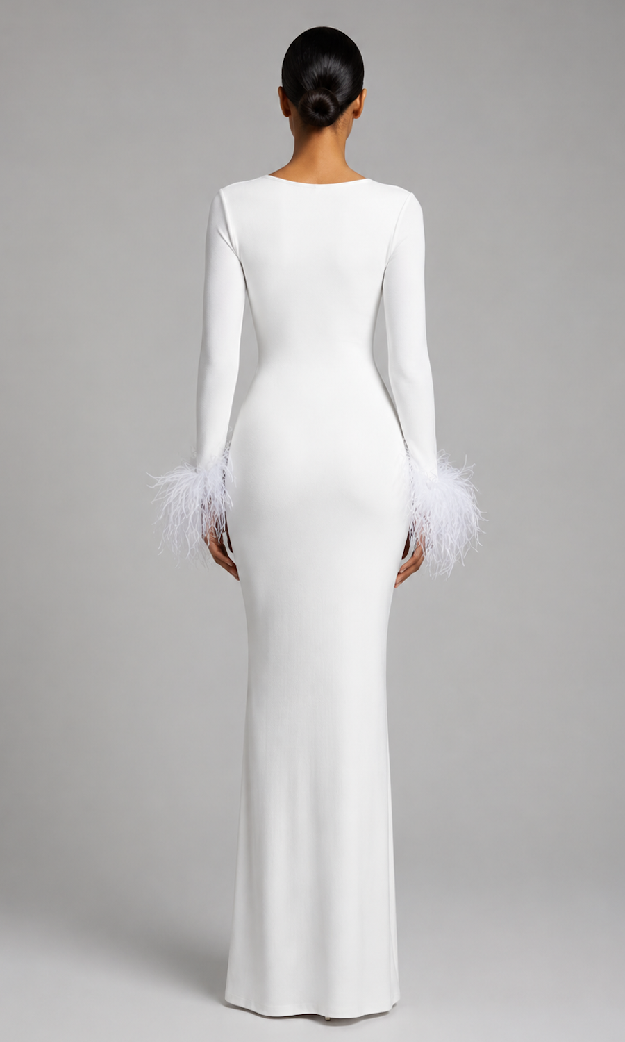 Snowfall Feather Trim Modal Knit Gown- White