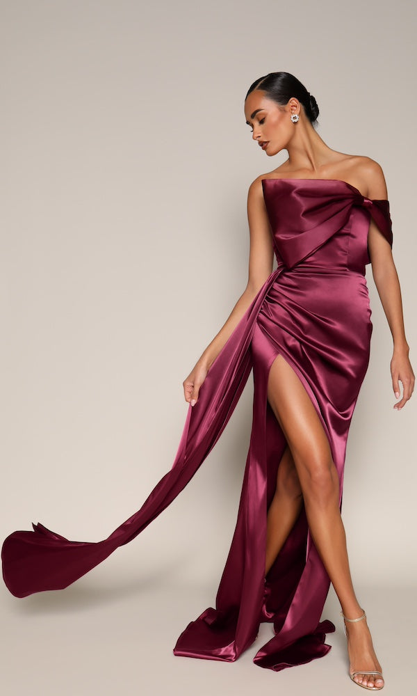 Vienna Statement Bow Gown with Sash- Merlot