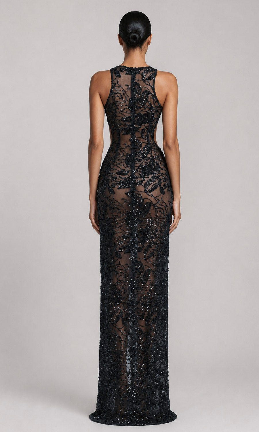 Vixen Lace-Up Sheer Sequin Gown- Black