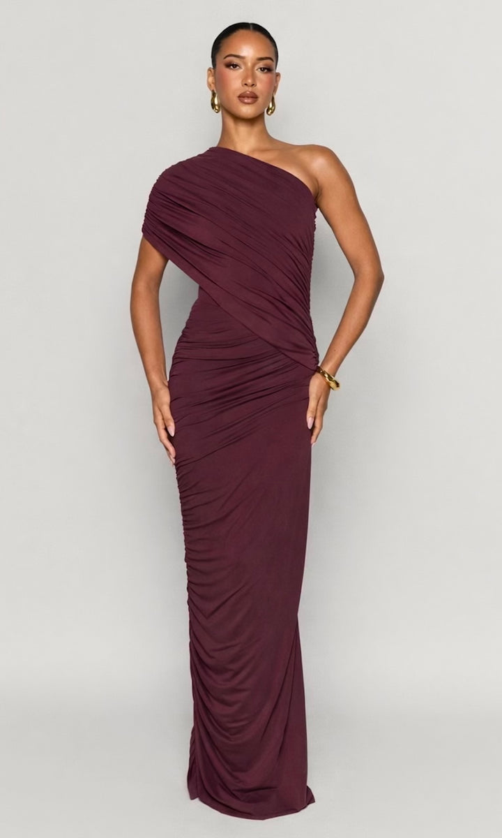 Ombre Ruched One-Shoulder Dress- Dark Plum