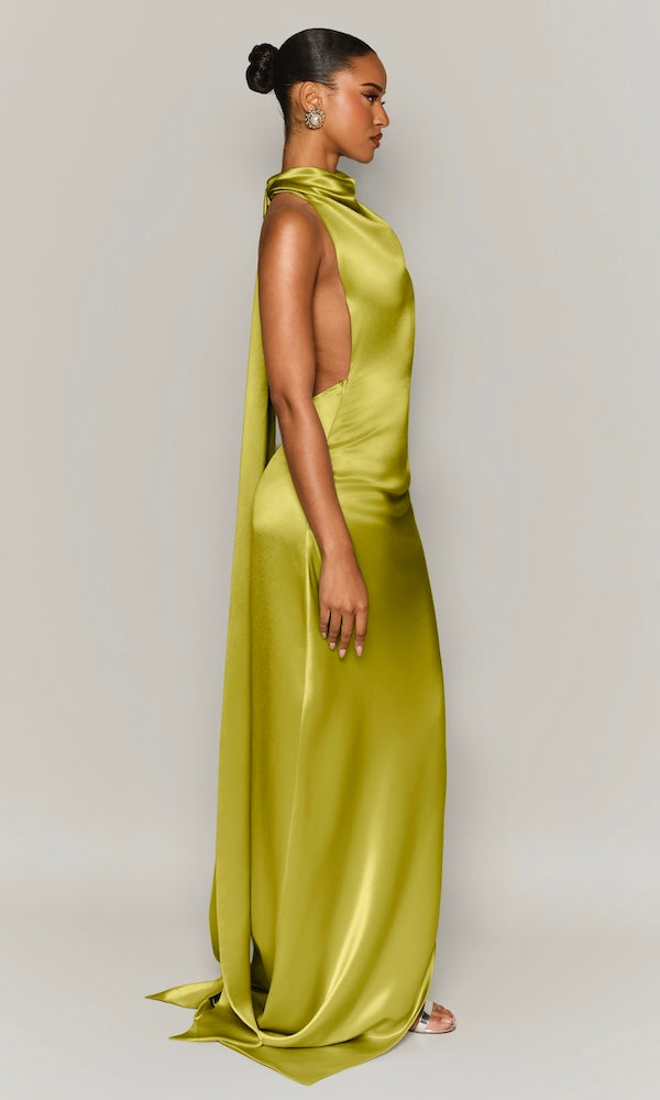 Muse Cowl Neck Open Back Gown- Chartreuse