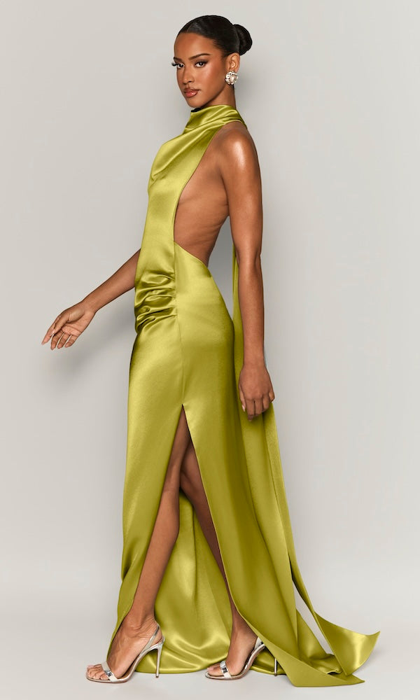 Muse Cowl Neck Open Back Gown- Chartreuse
