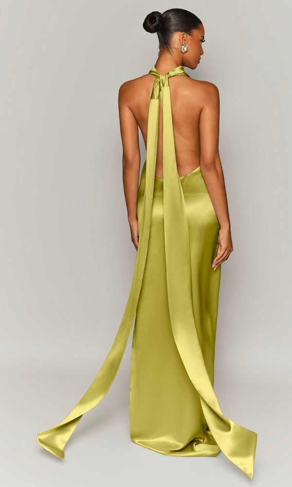 Muse Cowl Neck Open Back Gown- Chartreuse
