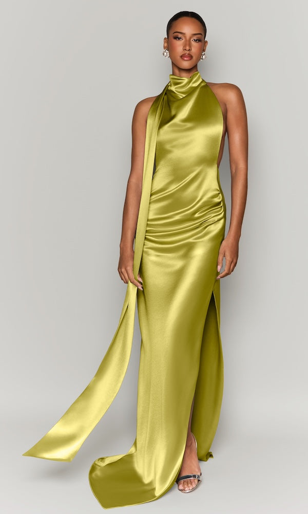 Muse Cowl Neck Open Back Gown- Chartreuse