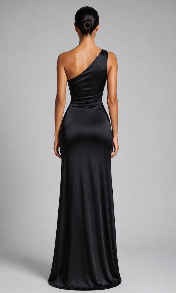 Ivy One-Shoulder Asymmetric Ruched Gown- Black