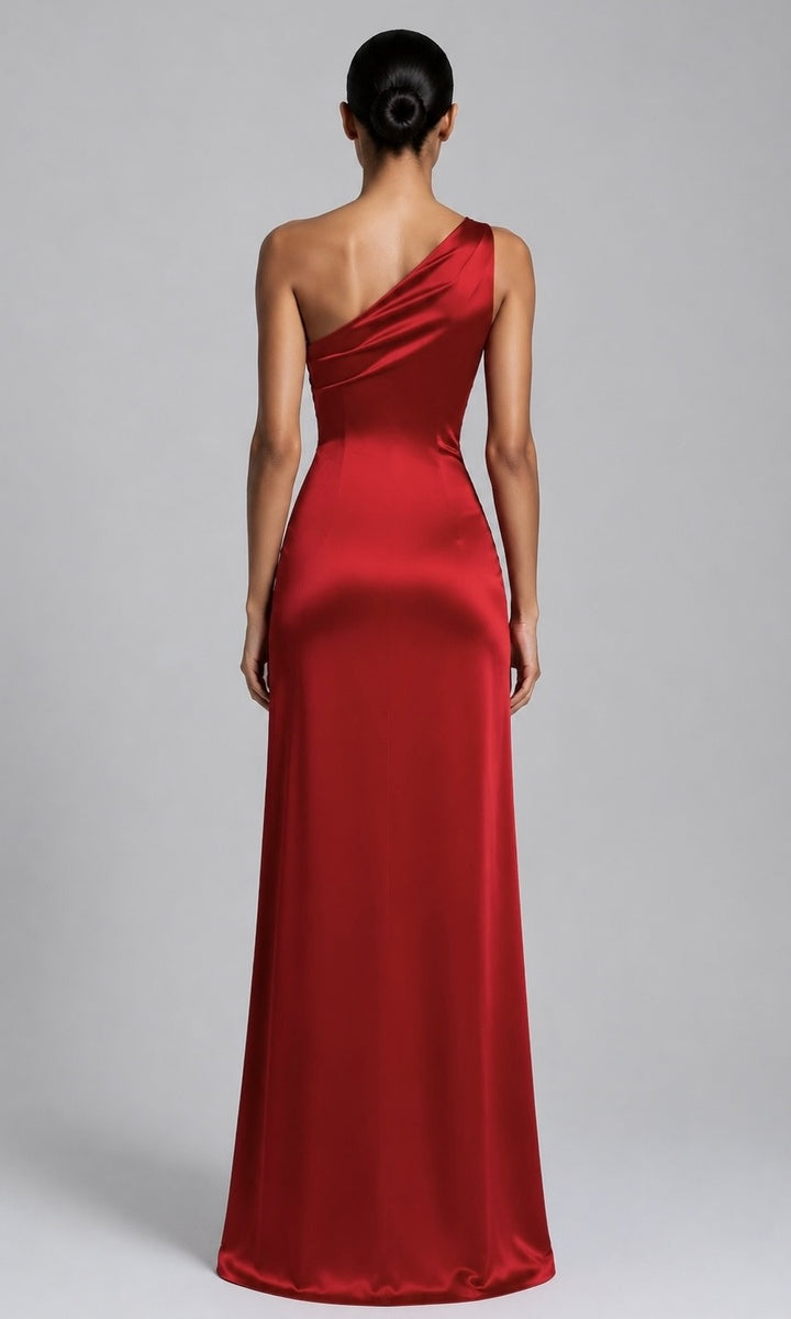 Ivy One-Shoulder Asymmetric Ruched Gown- Deep Red
