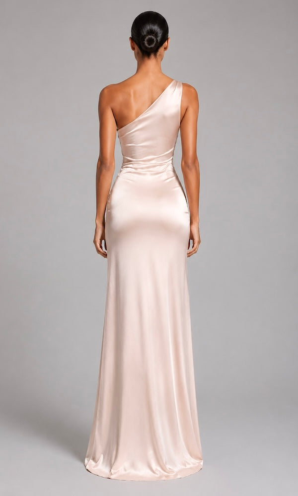 Ivy One-Shoulder Asymmetric Ruched Gown- Champagne