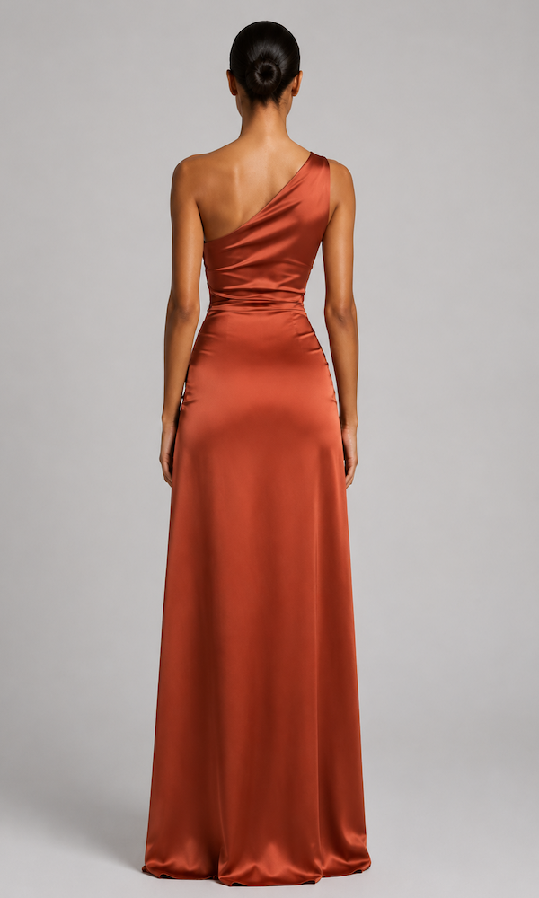 Ivy One-Shoulder Asymmetric Ruched Gown- Terracotta