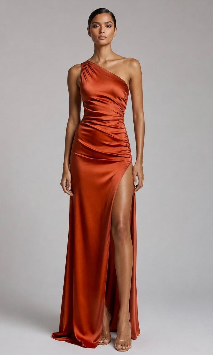 Ivy One-Shoulder Asymmetric Ruched Gown- Terracotta