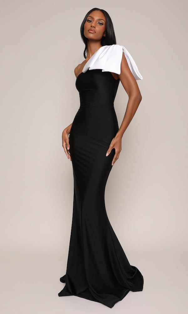 Jersey Two-Tone Bow Gown-Black/White L (PREORDER SHIPS IN APPROX 1 WEEK)