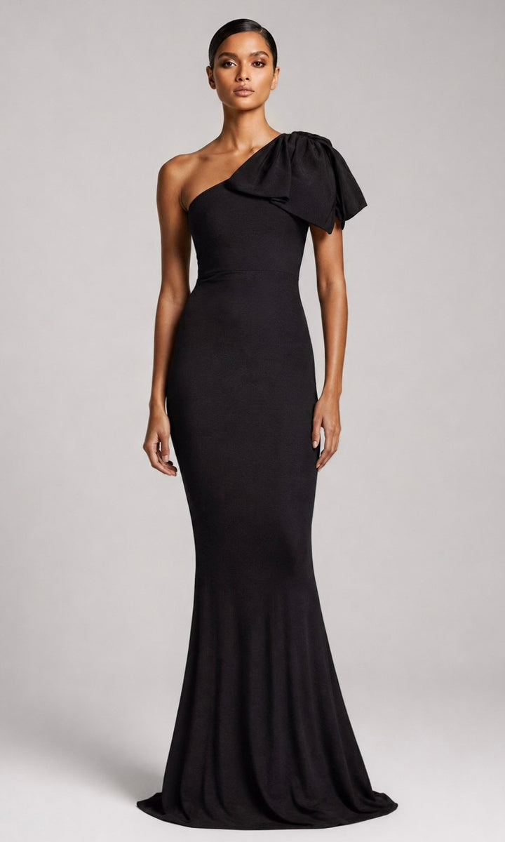Jersey One-Shoulder Bow Gown- Black