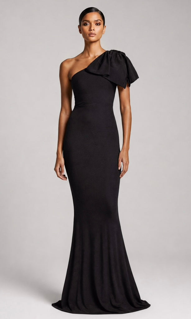 Jersey One-Shoulder Bow Gown- Black