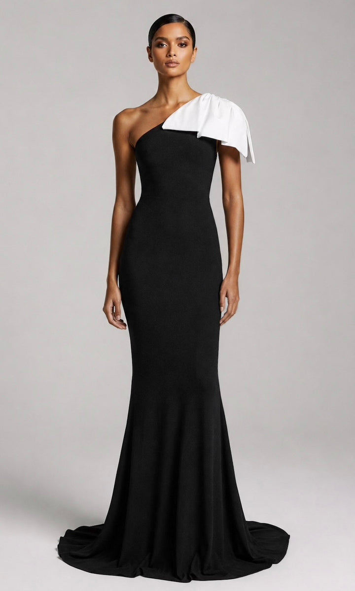 Jersey Two-Tone Bow Gown-Black/White