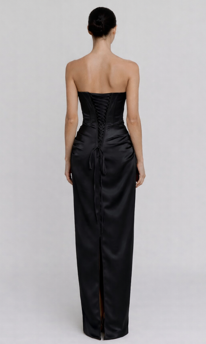 Lucia Satin Strapless Corset Gown- Black