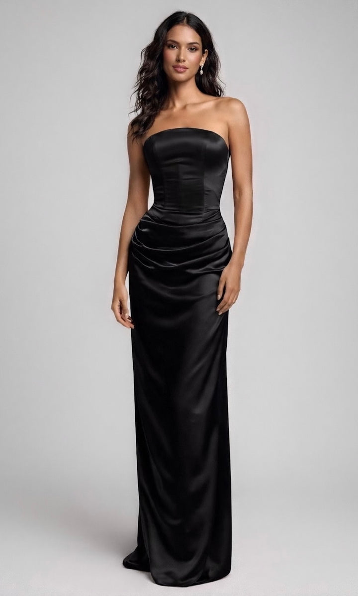 Lucia Satin Strapless Corset Gown- Black