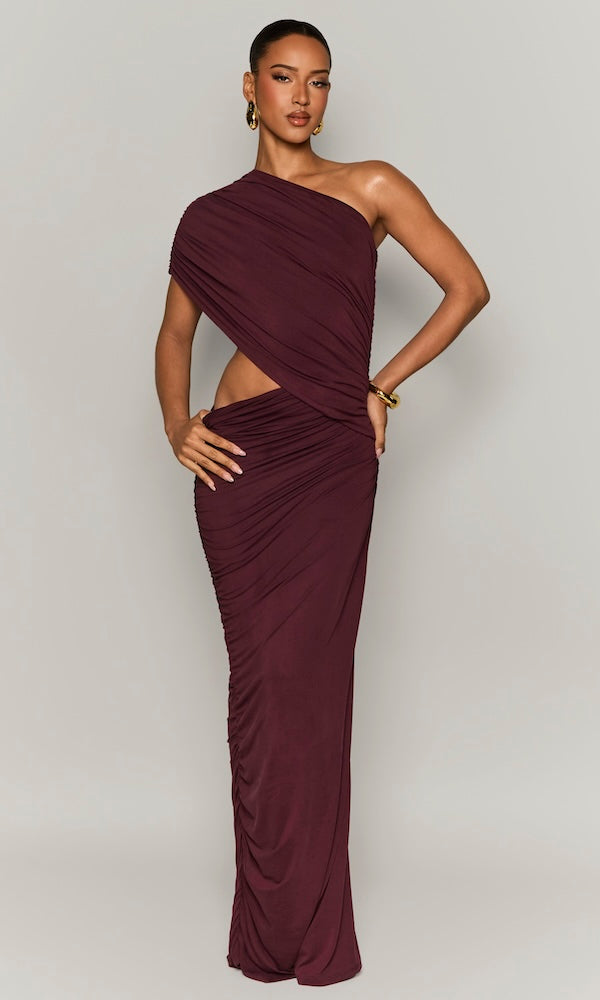 Ombre Ruched One-shoulder Dress- Dark Plum Ombre Ruched One-shoulder Dress- Dark Plum