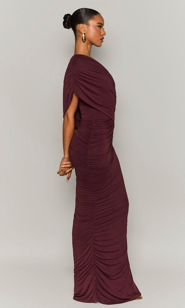 Ombre Ruched One-Shoulder Gown- Dark Plum