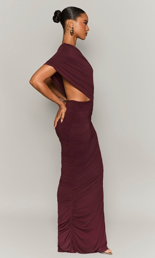 Ombre Ruched One-Shoulder Gown- Dark Plum